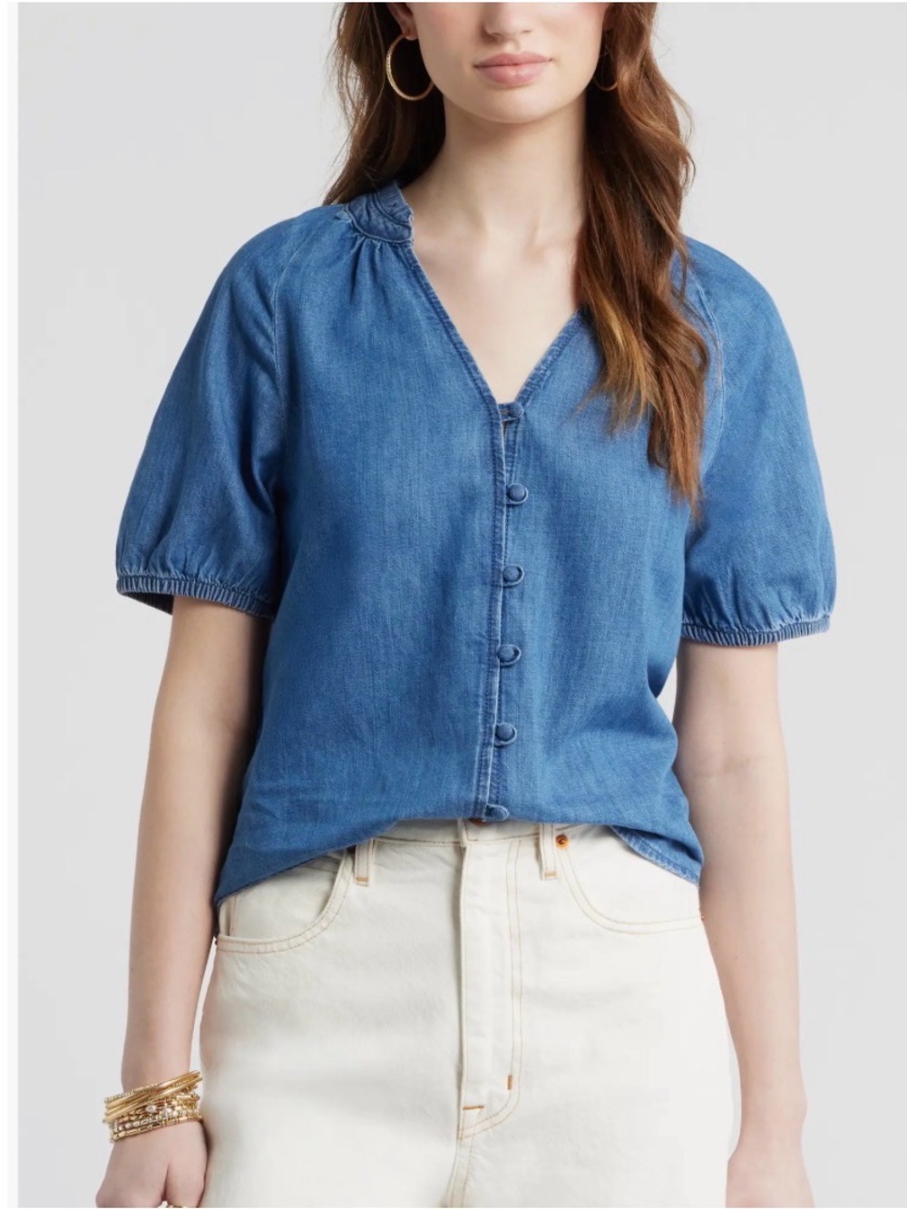 Treasure & Bond Blue Chambray V-Neck Button Puff Sleeve Top